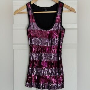 Express Pink and Black Sequin Fitted Tank Top